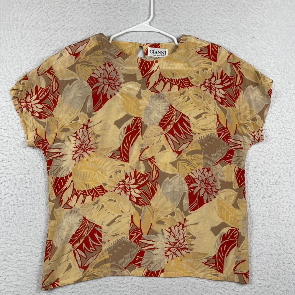 Gianni Sport Blouse Womens Large Tropical Floral Rayon‎ Short Sleeve Vintage USA